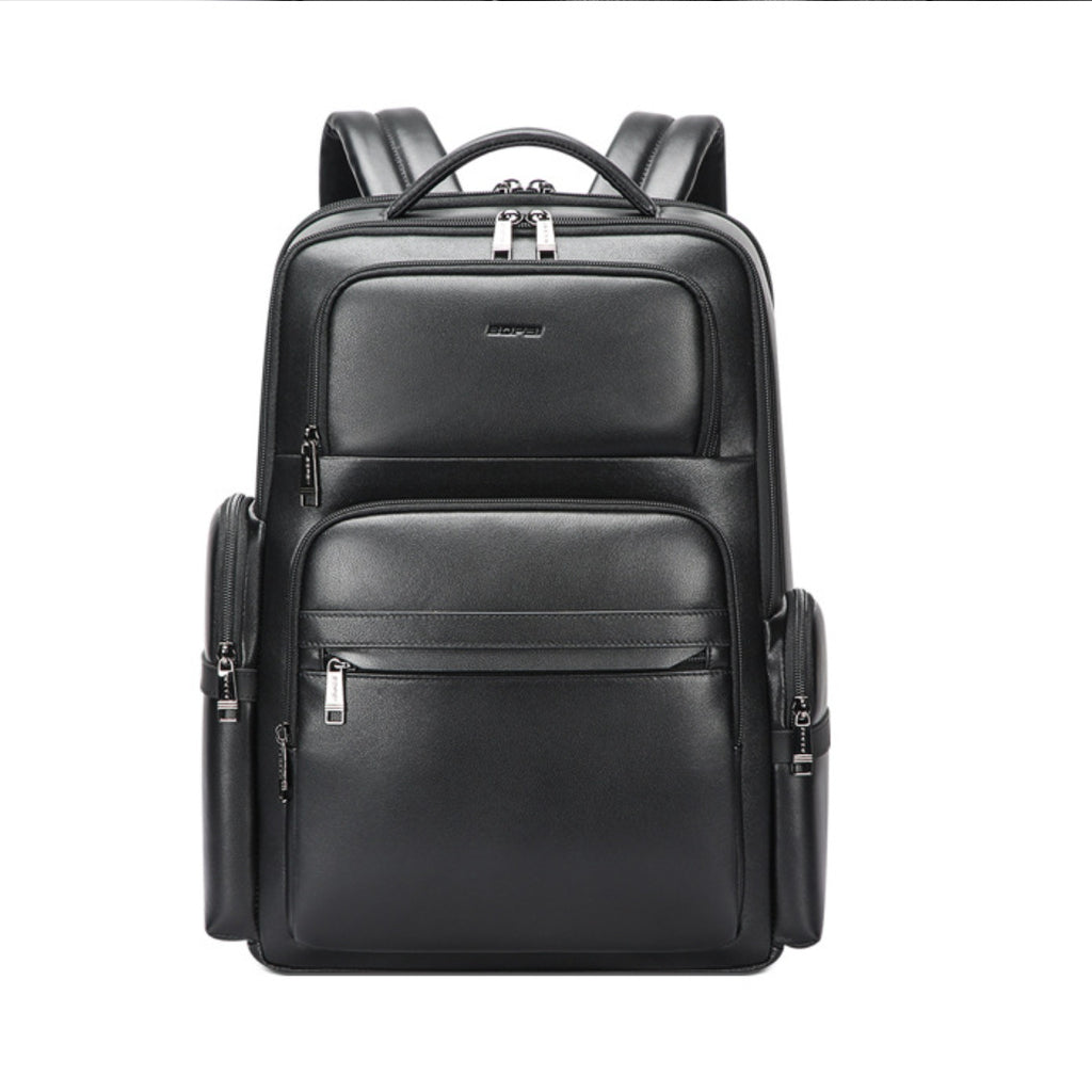 Black leather backpack on a white background