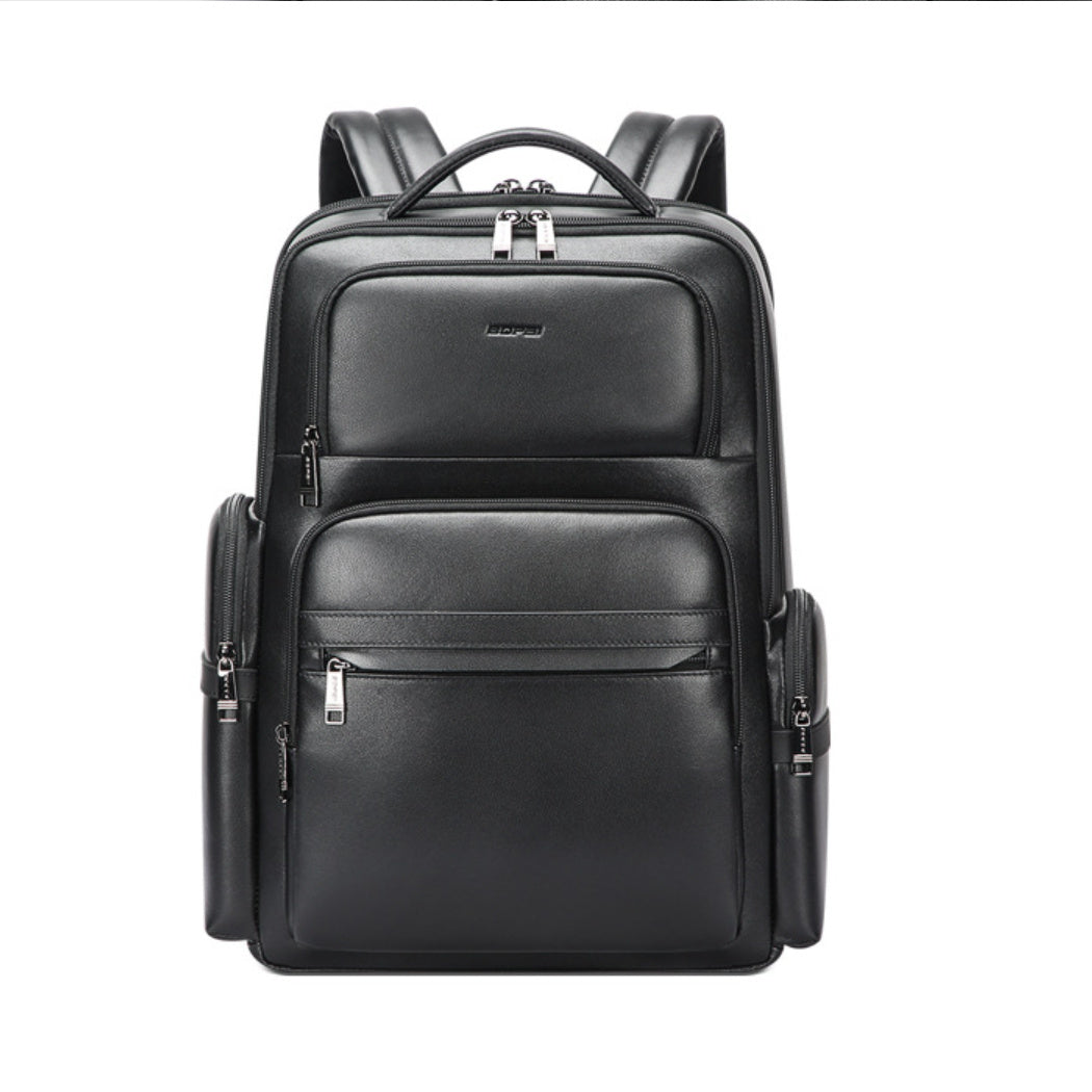 Black leather backpack on a white background