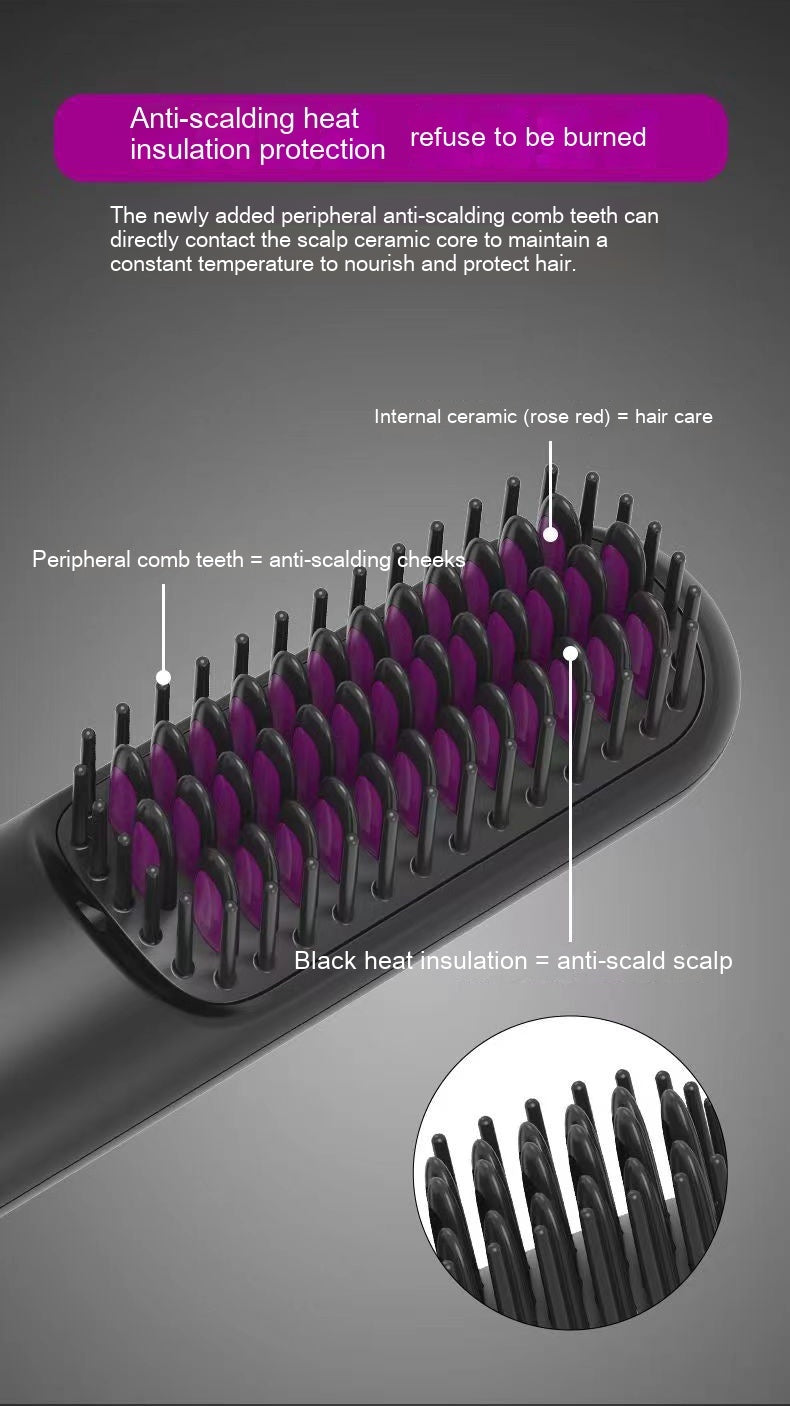 Hair care product with labeled features on a gray background