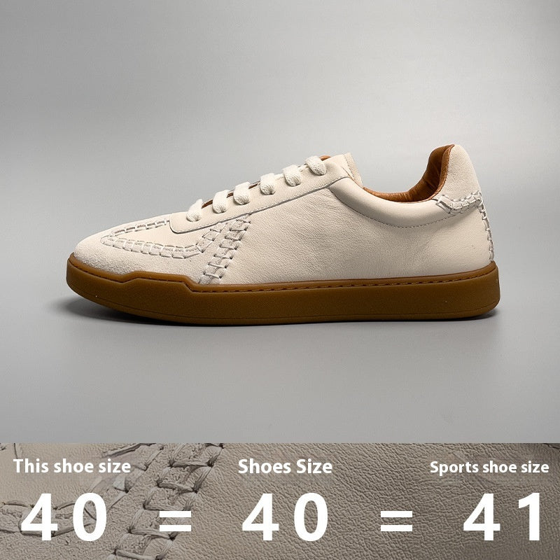 Beige sneaker with brown sole on a gray background, showing size equivalence.