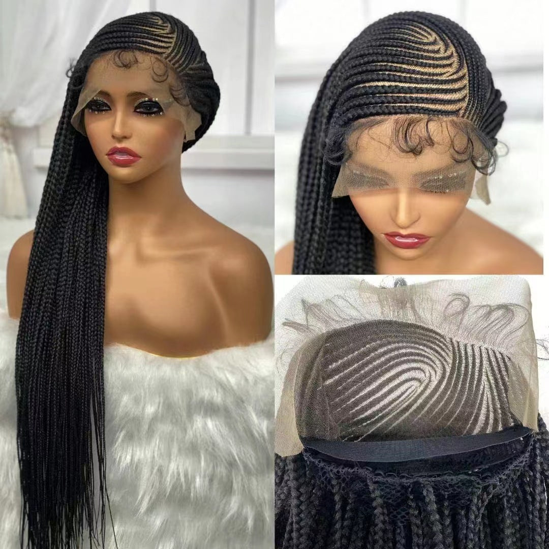 Collage of a black braided wig on a mannequin head with close-up details.