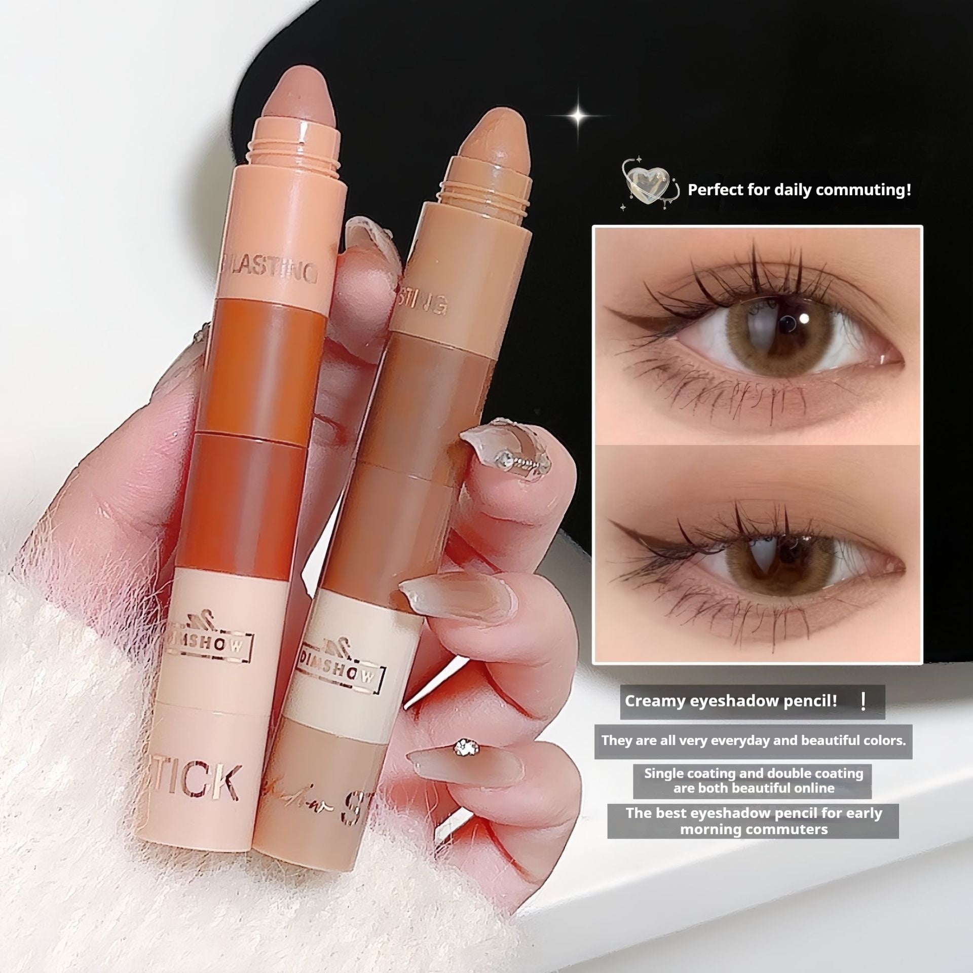 Two cream-colored eyeshadow pencils held by a hand, with an inset of an eye wearing the product.