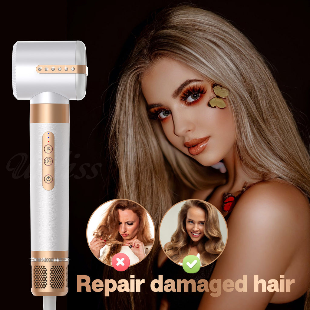 Hair repair tool with a woman showing before and after results on a dark background