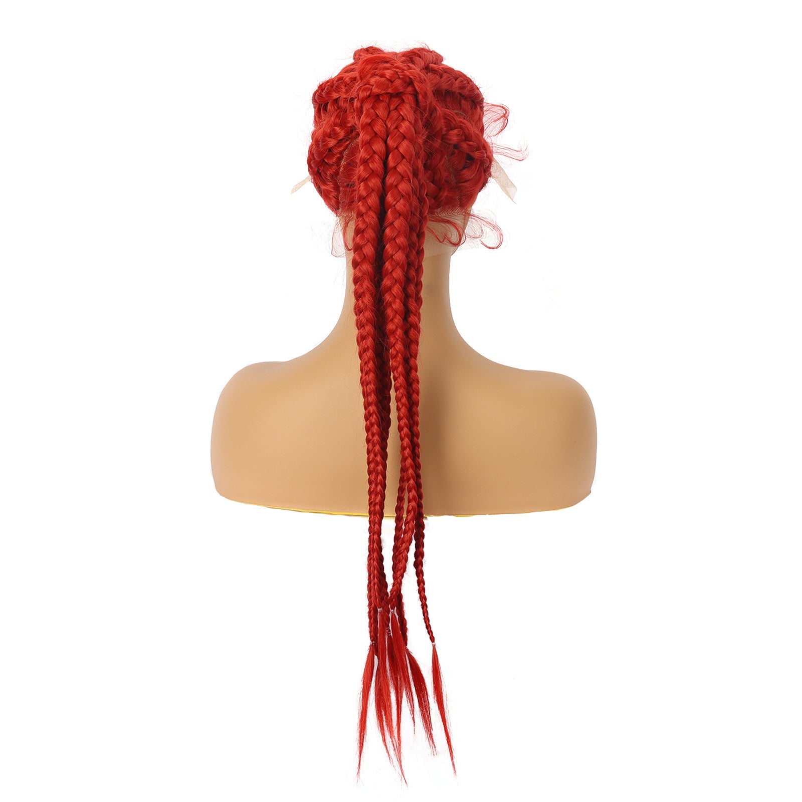 Red braided wig on a mannequin head against a white background