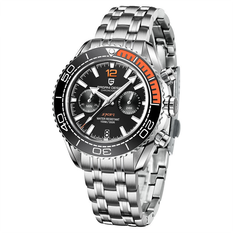 Silver wristwatch with a black dial on a white background