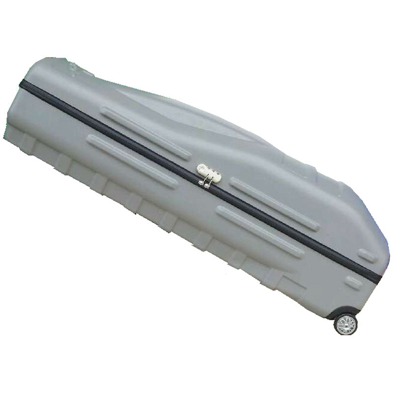 Gray suitcase with a black handle on a white background