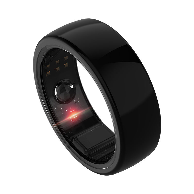 Black smart ring with digital display on a white background