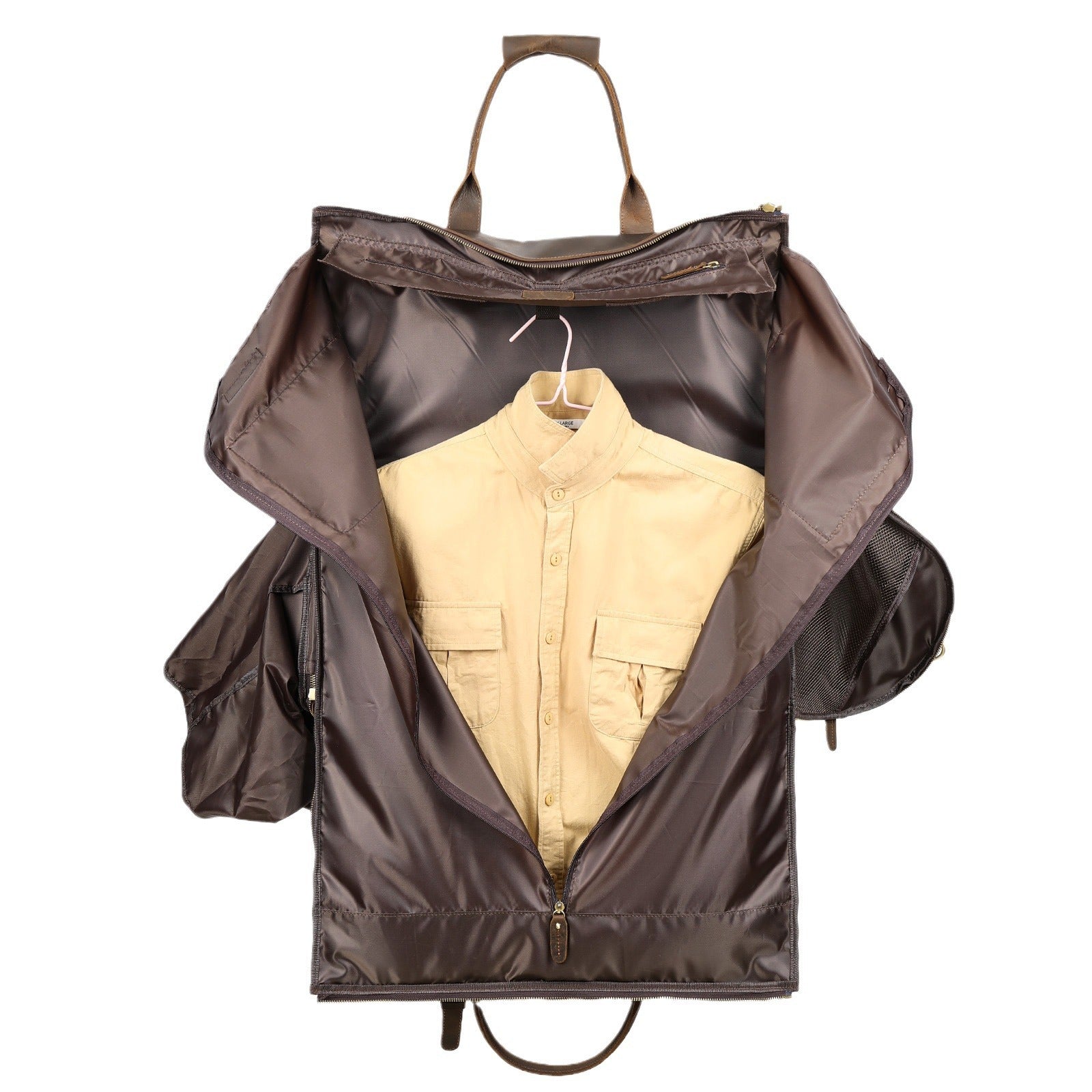 Brown raincoat with a beige shirt inside on a white background