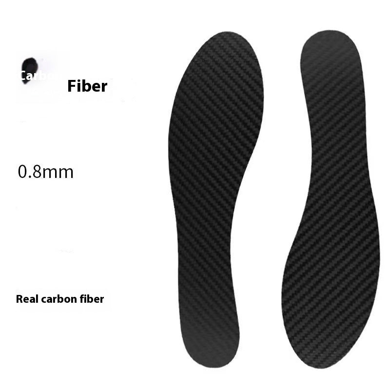Carbon fiber insole with fiber label and thickness measurement on a white background