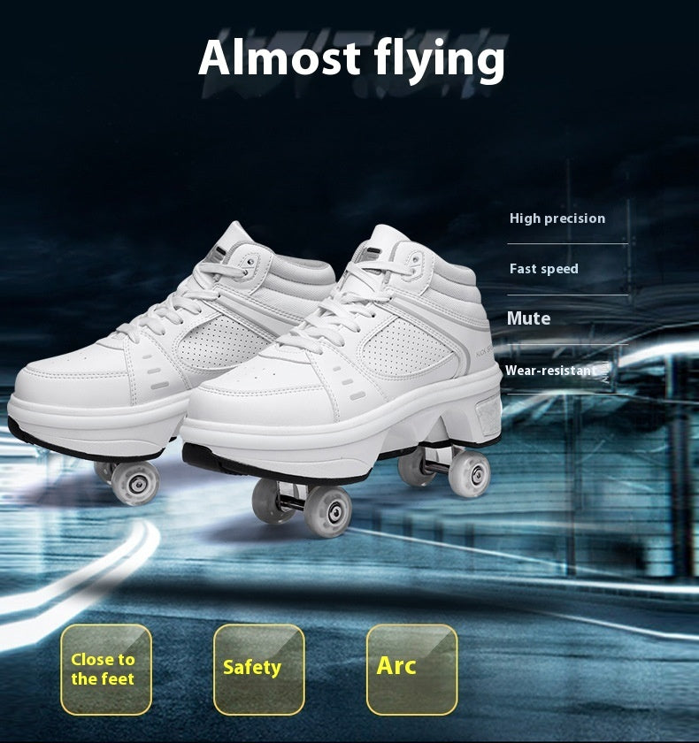 White roller shoes with wheels on a dark background with text 'Almost flying'.
