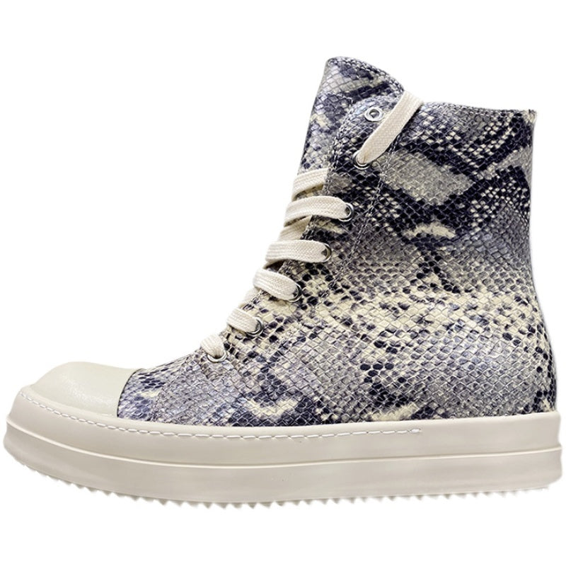 High-top sneaker with snake print and white laces on a white background