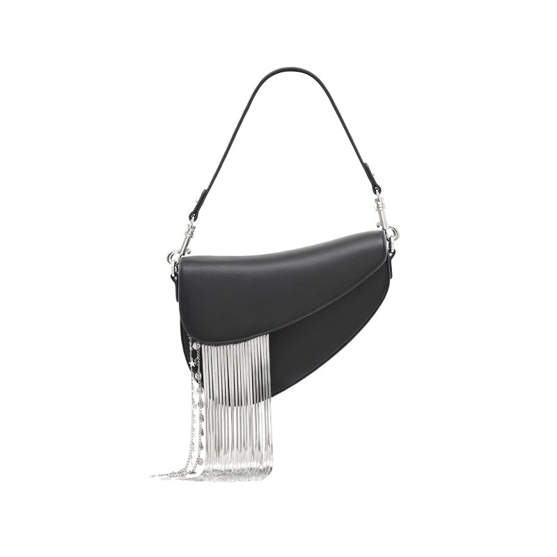 Black handbag with silver fringe on a white background