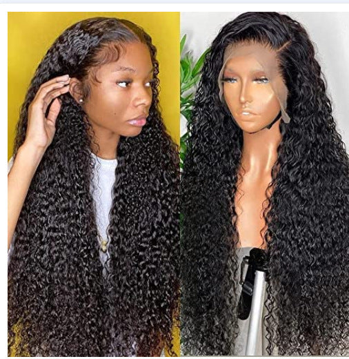 Person wearing a lace front wig and a mannequin head with a similar wig, set against a yellow and white background.