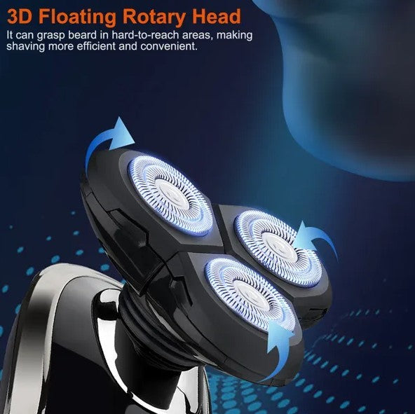 3D Floating Rotary Head shaving system with text on a dark background