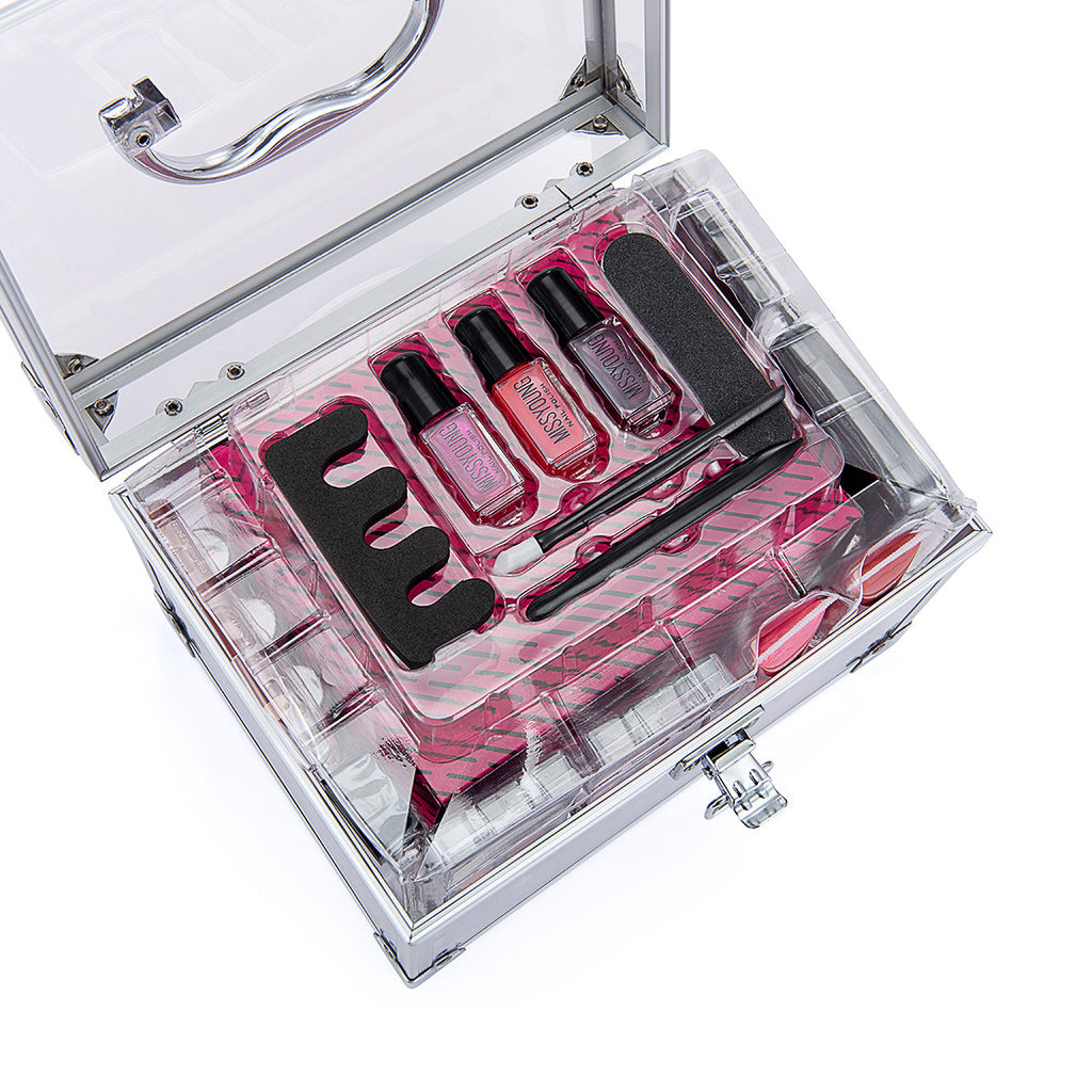 Nail art set with polish bottles, files, and tools in a clear case on a white background