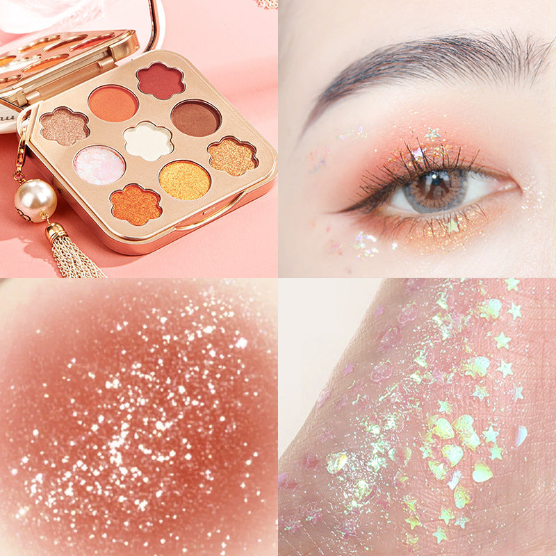 Makeup palette with colorful shades, close-up of eye with glitter, and glittery textures.