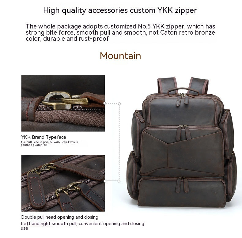 Brown leather backpack with YKK zipper on a white background