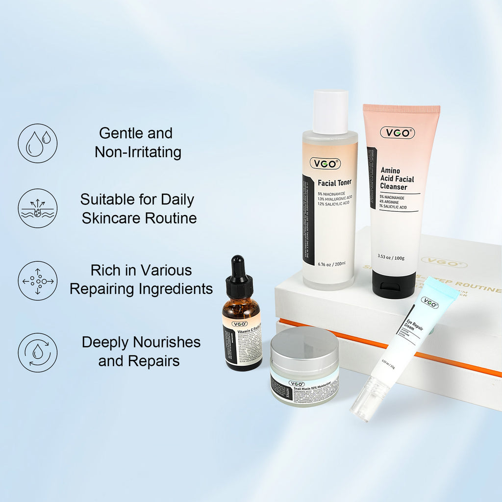 Set of VGO skincare products with text highlighting benefits on a light blue background