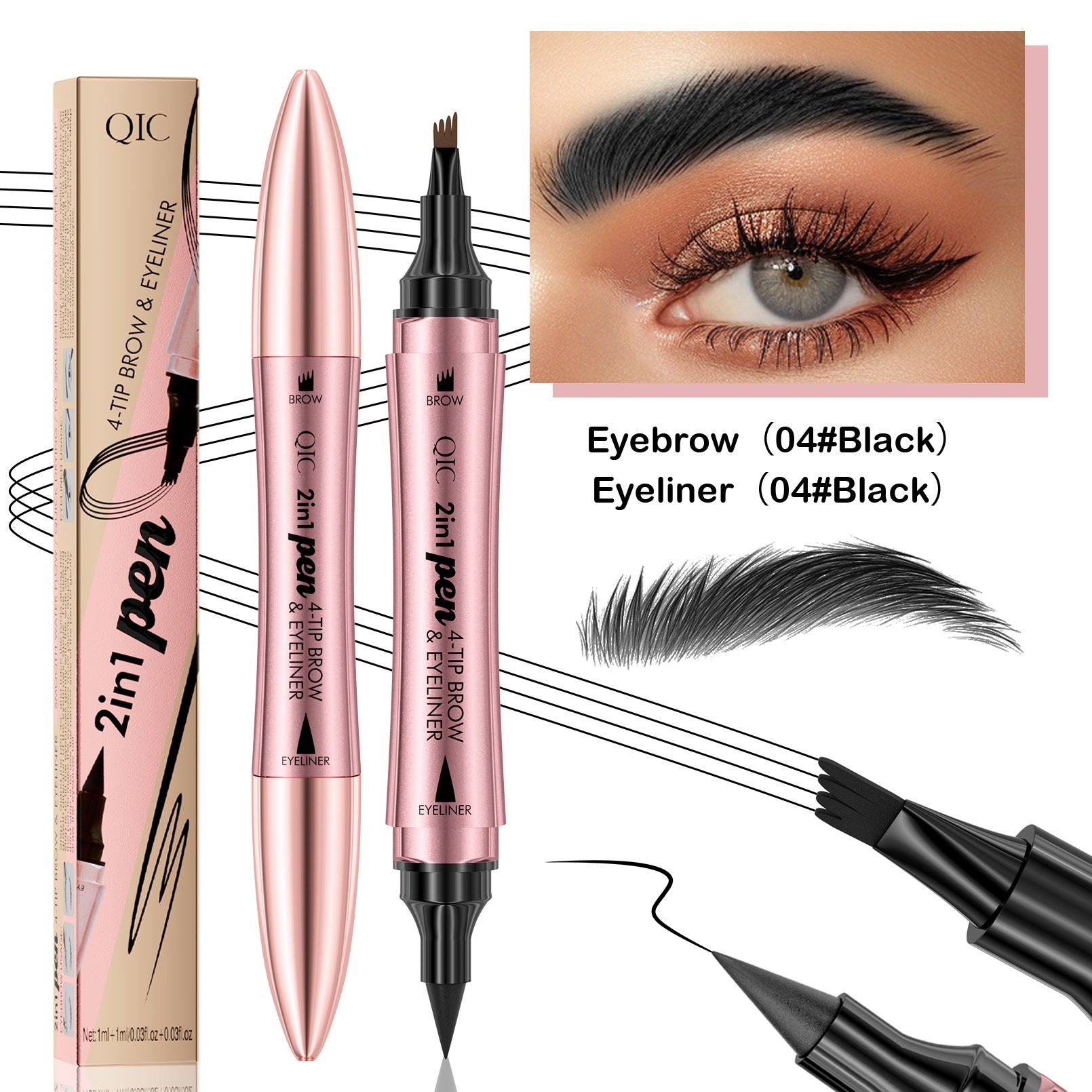 QIC 2-in-1 pen with eyebrow and eyeliner, packaging, and application on eyes.