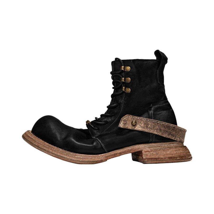 Black leather boot with wooden sole on a white background