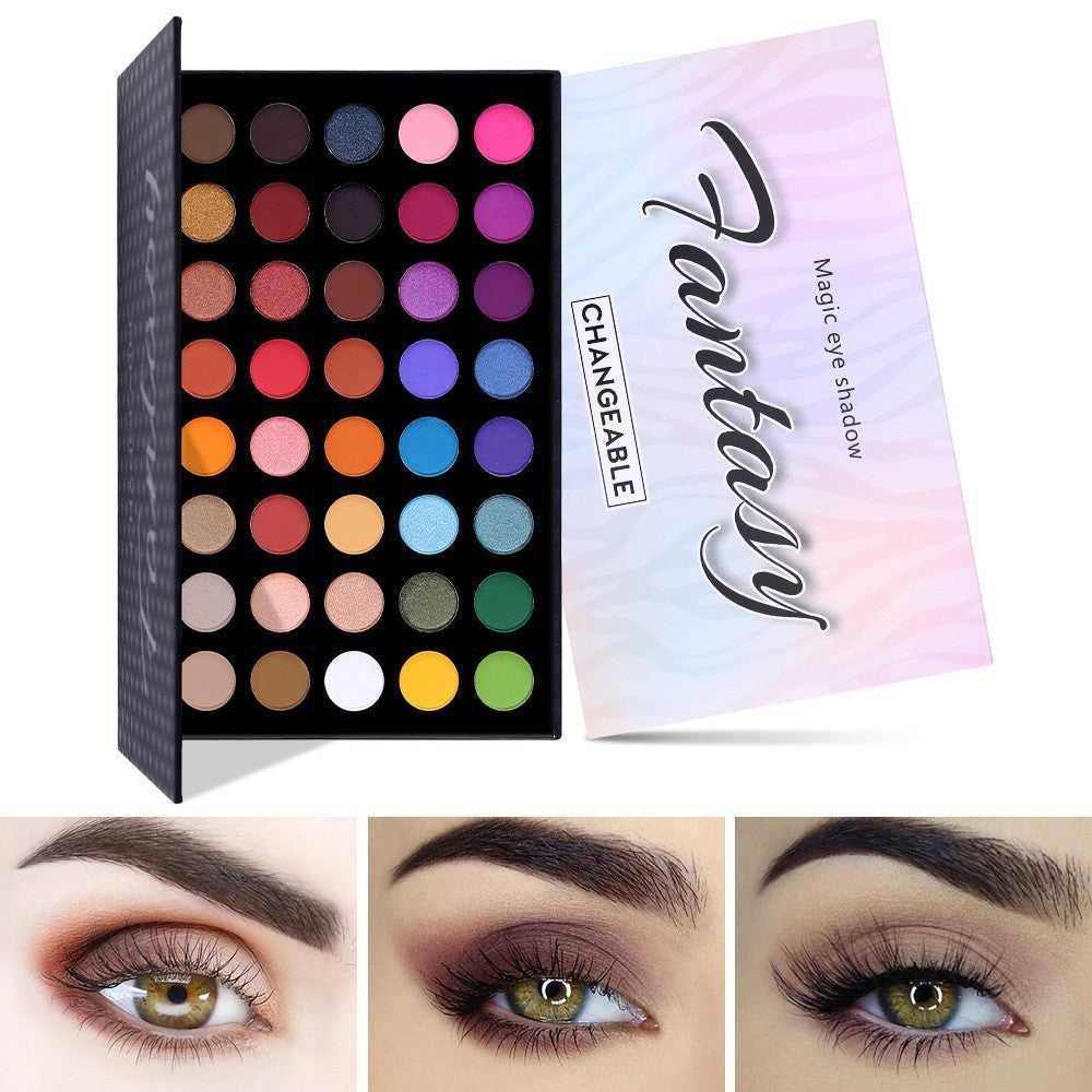 Makeup eyeshadow palette with color swatches and application examples.