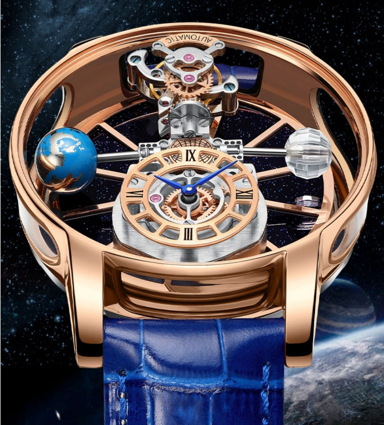 Luxury watch with intricate design and blue strap against a space-themed background