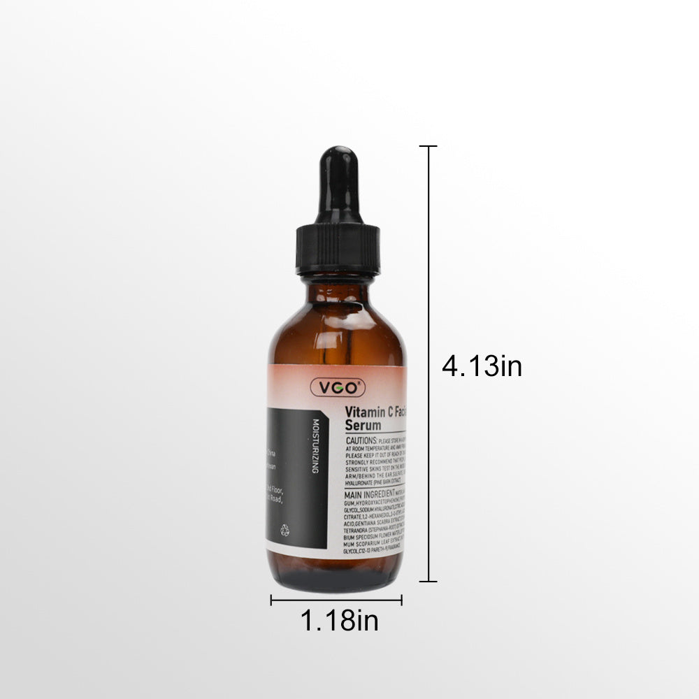 VCO Vitamin C Face Serum bottle with dimensions on a white background