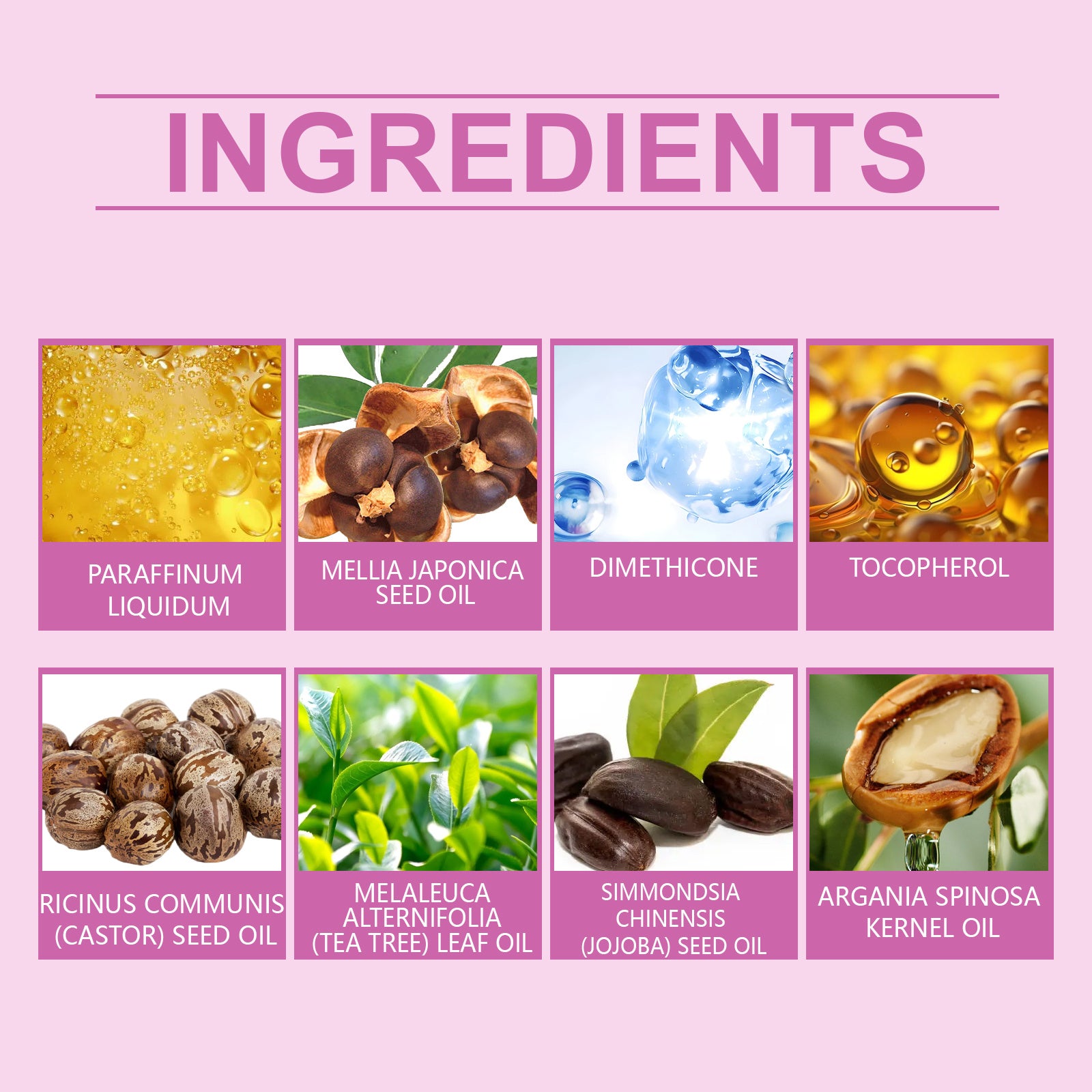 List of cosmetic ingredients with corresponding images and names on a pink background