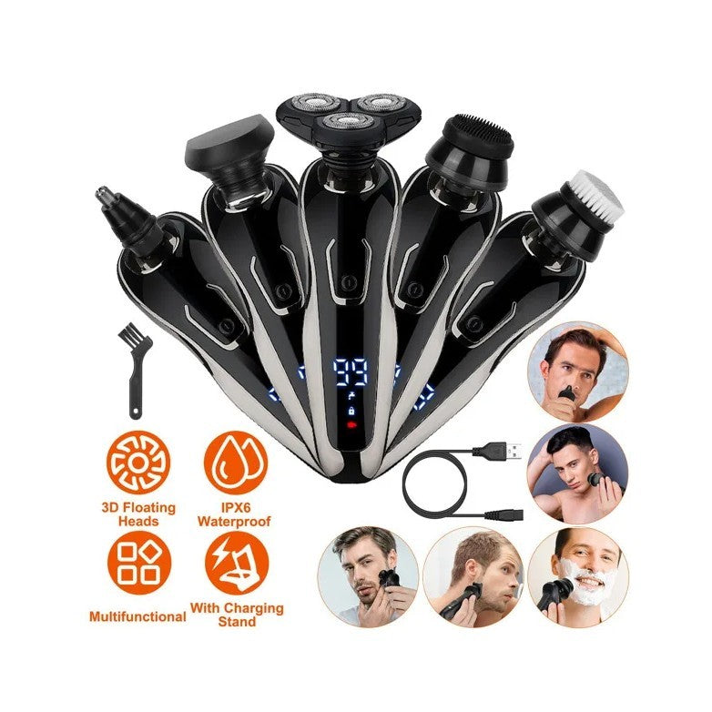 Multi-functional electric shaver with charging stand and various features highlighted on a white background.