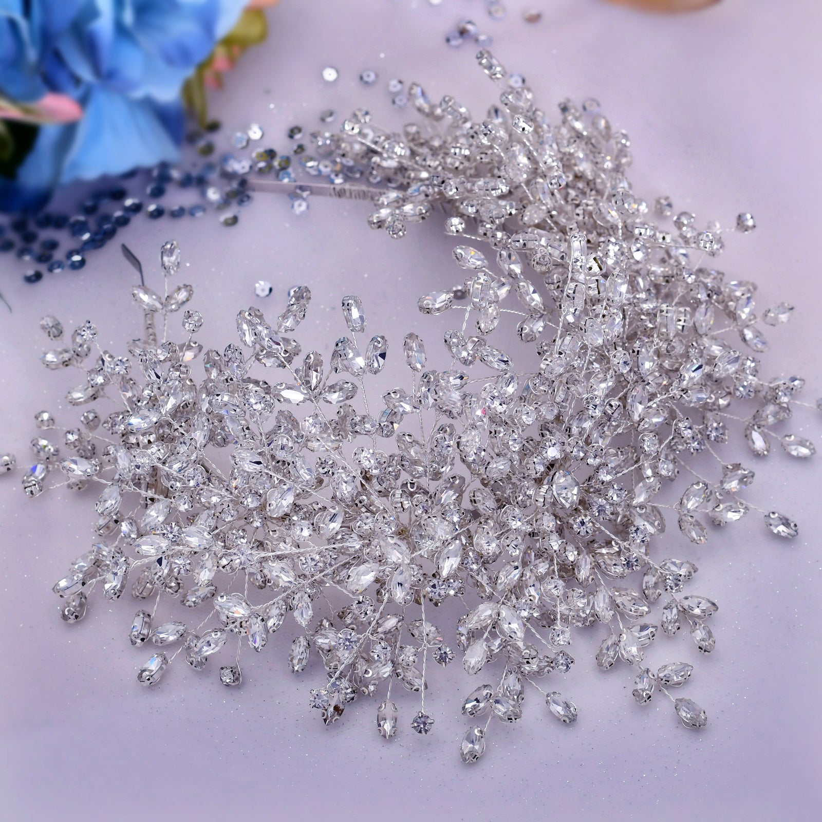 Silver crystal hair vine on a white background
