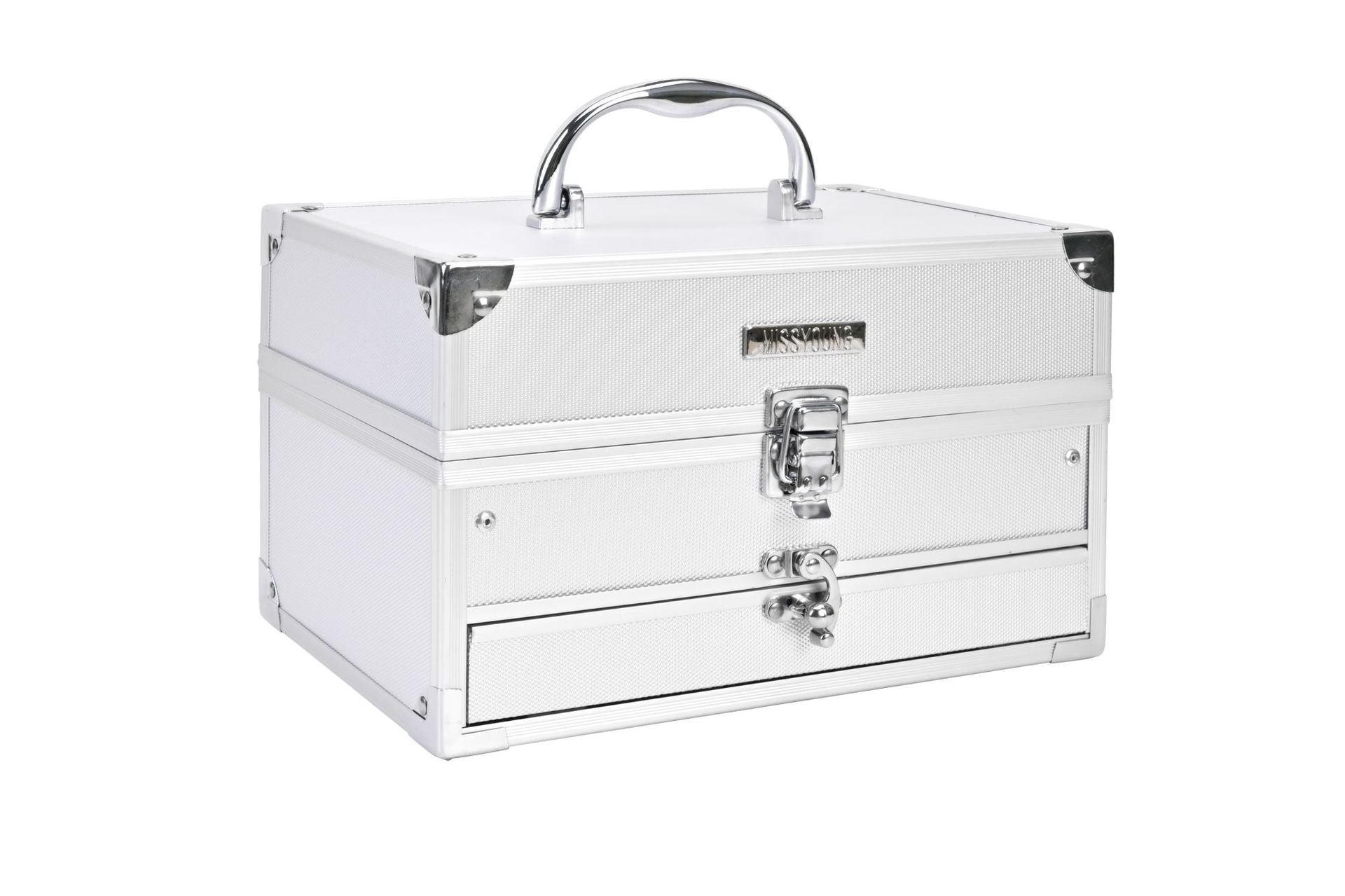 Metallic silver jewelry box with a handle on a white background