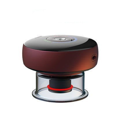 Round electronic device with a clear base and red accents on a white background