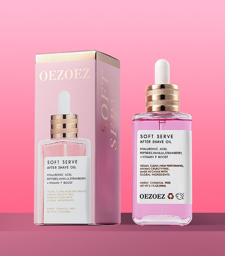 OEZOEZ Soft Serve after shave oil with packaging on a pink background