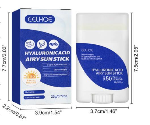 Eelhoe Hyaluronic Acid Airy Sun Stick with packaging showing dimensions