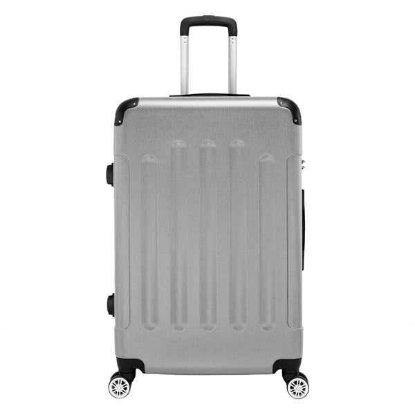 Silver suitcase with wheels and a handle on a white background