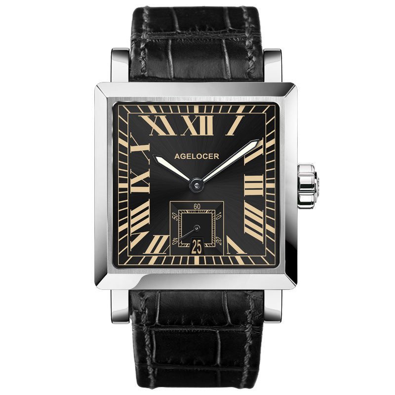 Watch with black leather strap and black face featuring gold Roman numerals on a white background