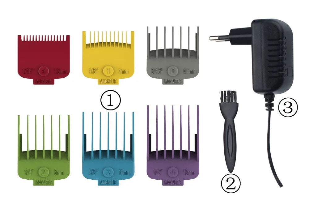 Set of grooming tools including color-coded attachments and a power adapter on a white background.