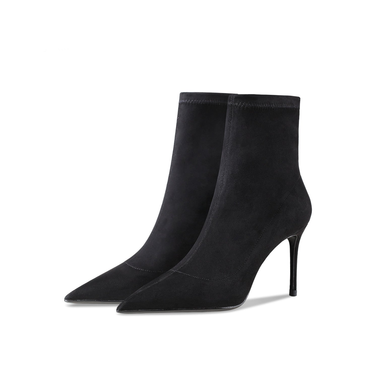 Black high-heeled ankle boots on a white background