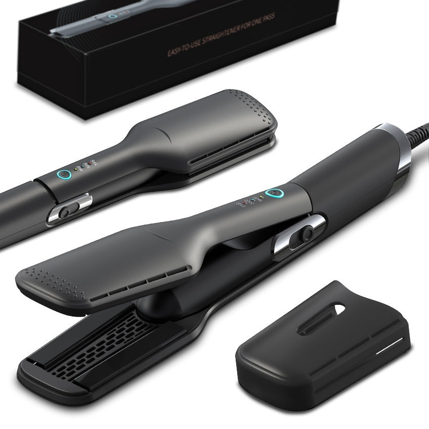 Hair straightener with attachments and packaging on a white background