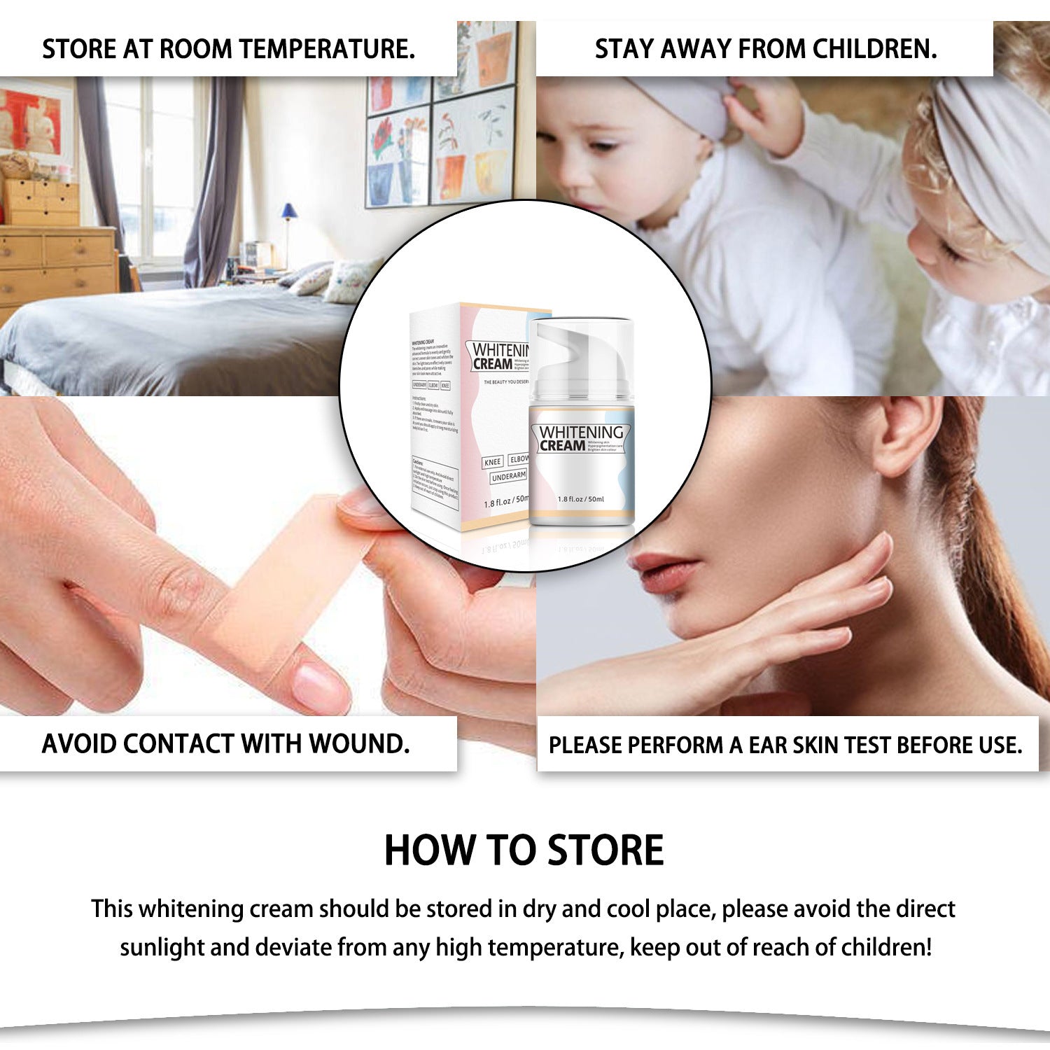 Collage of a whitening cream with usage instructions and images of a child, adult, and close-up of skin.