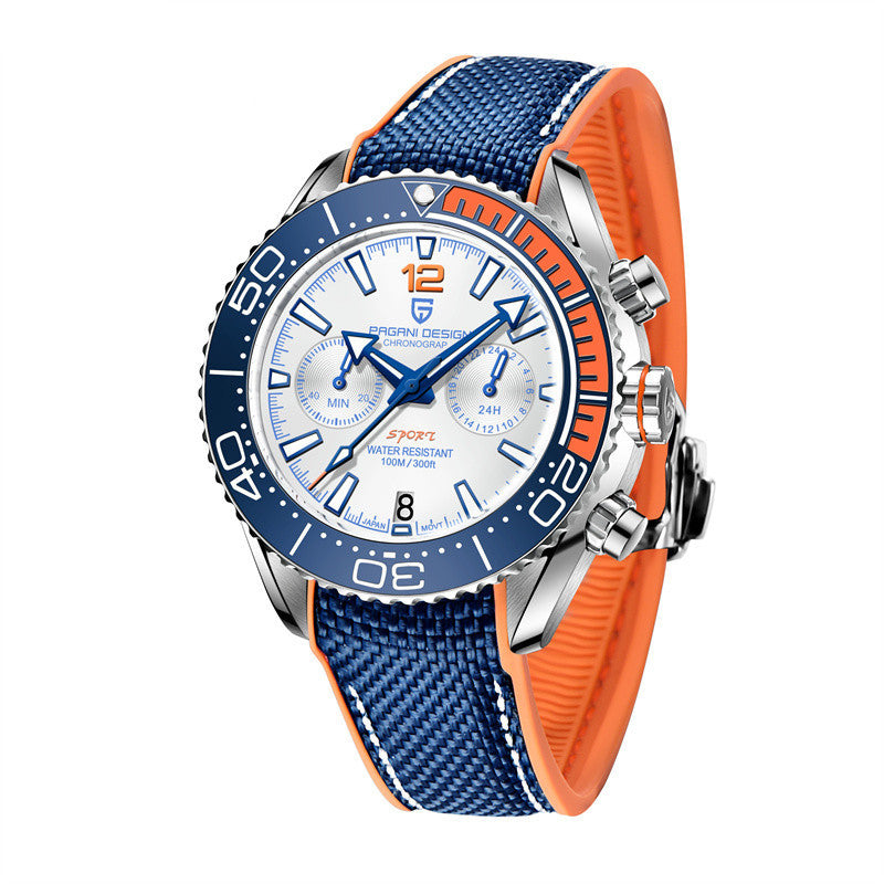 Wristwatch with blue and orange strap on a white background