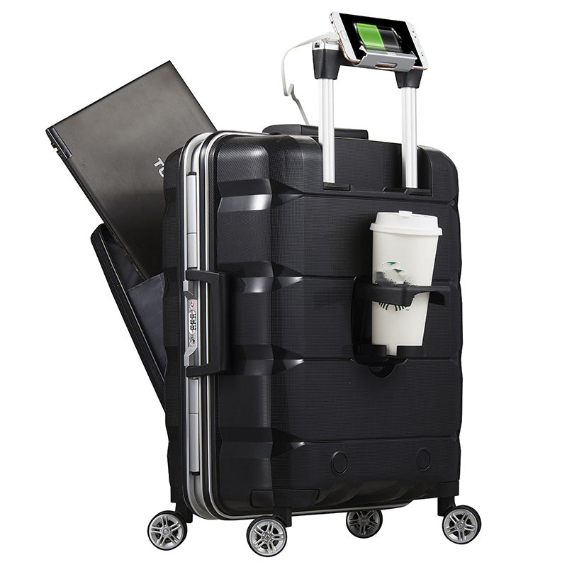 Black suitcase with a laptop, coffee cup, and digital device on a white background