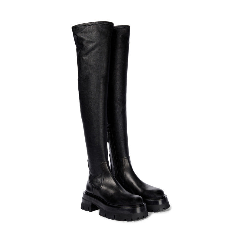 Pair of black knee-high boots on a white background