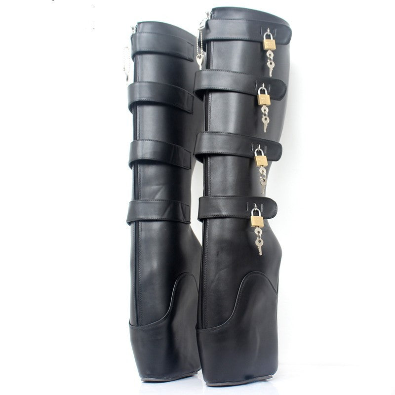 Black knee-high boots with straps and padlocks on a white background