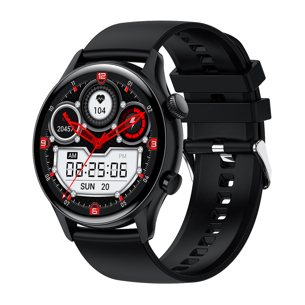 Black smartwatch with a detailed display on a white background