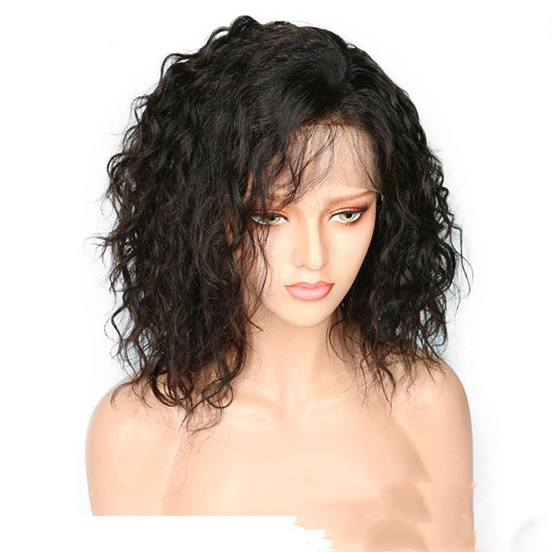 Person wearing a black wavy wig on a white background