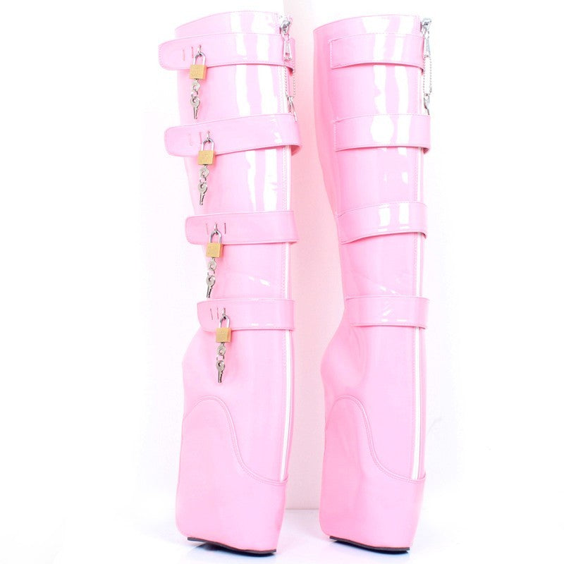 Pair of pink knee-high boots with chain details on a white background