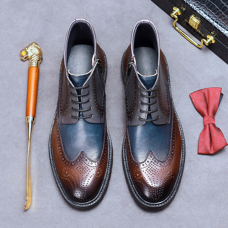 Pair of brown and blue dress shoes with a walking cane, red bow tie, and black suitcase on a gray background.