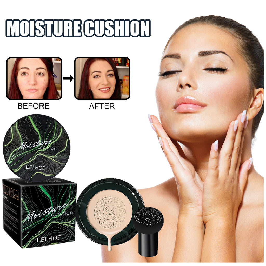 Eelhoe Moisture Cushion with a woman's face showing before and after effects, and product packaging.