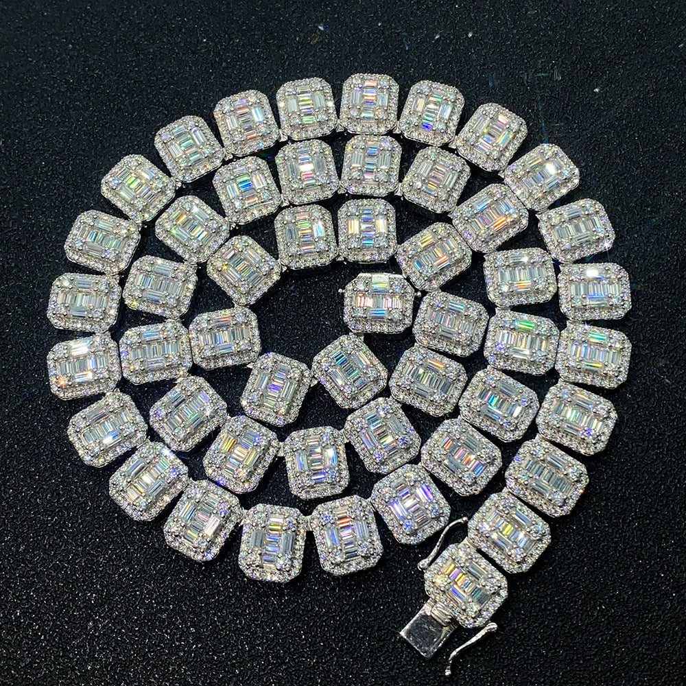 Silver bracelet with rectangular gemstones on a black background